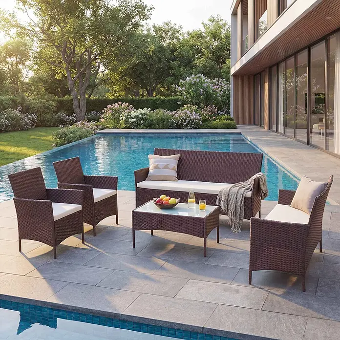 Mendler Loungemöbel-Set - 5 -tlg., Polyrattan, Braun-meliert, Kissen creme, Braun, creme - Braune Rattan-Gartenmöbel mit cremefarbenen Kissen am Pool.