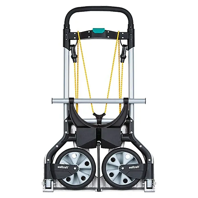 Wolfcraft Carretilla de mano TS 850 - Capacidad de carga: 100 kg - En esta imagen se muestra un carro de mano Wolfcraft plegado, ideal para el almacenamiento y transporte fácil de objetos.