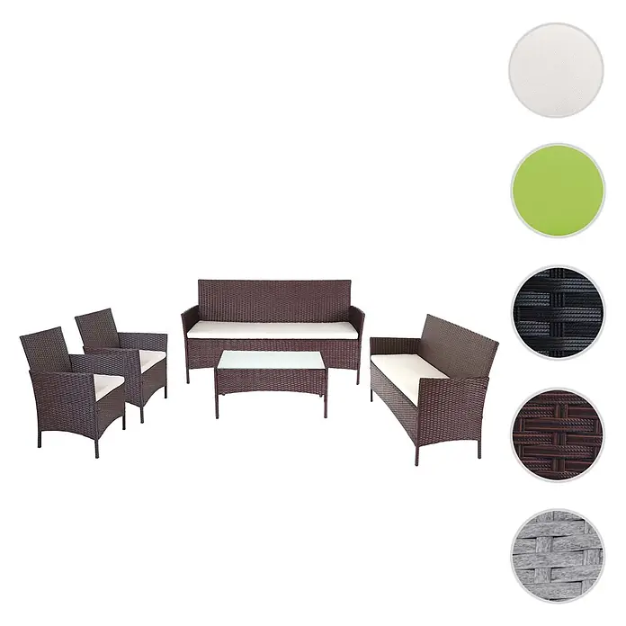 Mendler Loungemöbel-Set - 5 -tlg., Polyrattan, Braun-meliert, Kissen creme, Braun, creme - Braunes Rattan-Gartenmöbelset mit cremefarbenen Kissen und einem Couchtisch mit Glasplatte.