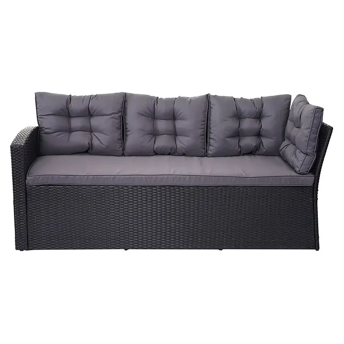 Mendler Loungemöbel-Set HWC-A29 - 4 -tlg., Polyrattan, Kissen dunkelgrau, mit 2x Hocker, Schwarz, dunkelgrau - Schwarzes Geflecht-Gartensofa mit dunkelgrauen Sitz- und Rückenkissen, für Komfort im Freien.