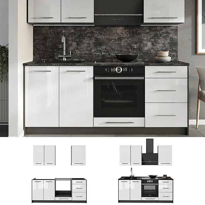 Vicco Singleküche - Breite: 190 cm, Weiß Hochglanz, Mit AP Eiche - Moderne hochglänzende weiße Küchenzeile mit schwarzen Arbeitsplatten, integriertem Ofen, Kochfeld und Spüle sowie passenden Oberschränken.