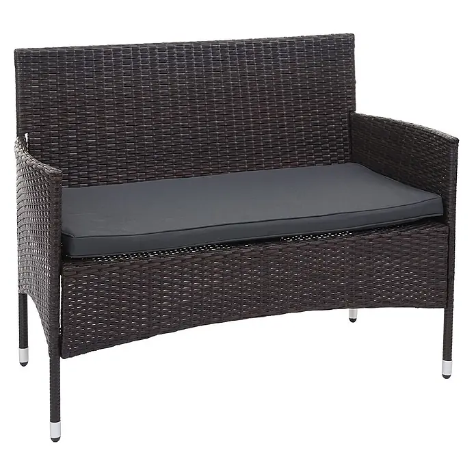 Mendler Loungemöbel-Set HWC-F55 - 4 -tlg., Polyrattan, Braun, Kissen dunkelgrau, Braun, dunkelgrau - Dunkelbraune Outdoor-Bank aus Polyrattan mit grauem Kissen.