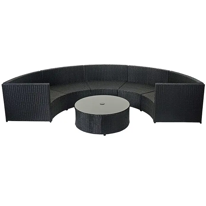 Mendler Loungemöbel-Set HWC-E17 - 6 -tlg., Polyrattan, Schwarz, Polster dunkelgrau, Kissen terracotta, Schwarz, dunkelgrau - Schwarzes Rattan-Gartensofa-Set mit rundem Glastisch.