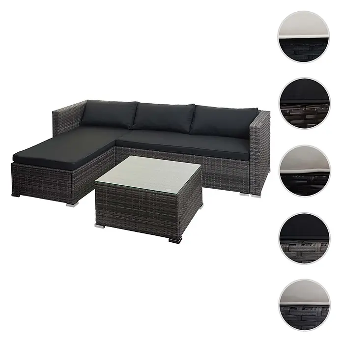 Mendler Loungemöbel-Set HWC-F57 - 3 -tlg., Polyrattan, Grau, Kissen dunkelgrau mit Deko-Kissen, Grau, dunkelgrau - Dunkelgraue Rattan-Loungegruppe mit L-Sofa und schwarzen Kissen, dazu ein Couchtisch mit Glasplatte.