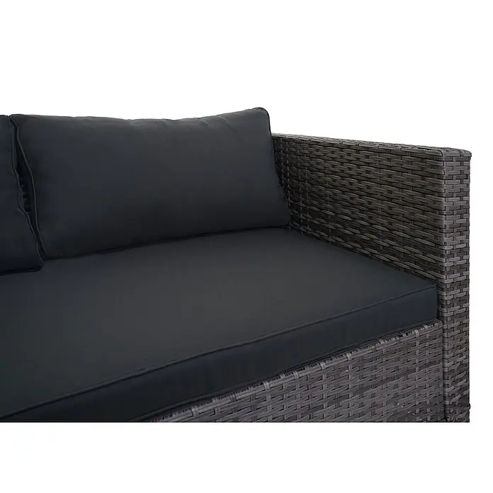 Mendler Loungemöbel-Set HWC-F57 - 3 -tlg., Polyrattan, Grau, Kissen dunkelgrau mit Deko-Kissen, Grau, dunkelgrau - Dunkelgraues Rattan-Outdoor-Sofateil mit dicken, passenden anthrazitfarbenen Sitz- und Rückenkissen.