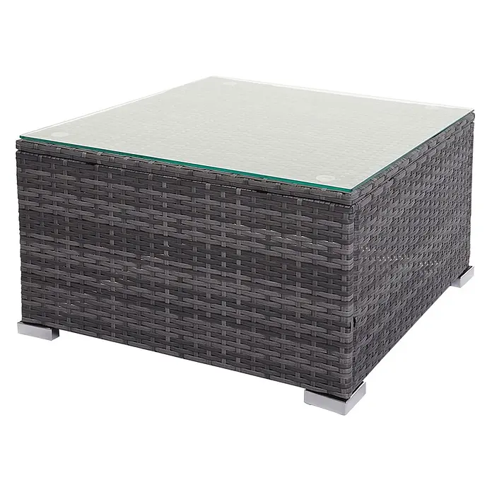 Mendler Loungemöbel-Set HWC-F57 - 3 -tlg., Polyrattan, Grau, Kissen dunkelgrau mit Deko-Kissen, Grau, dunkelgrau - Dunkelgrauer Rattan-Gartentisch mit Glasplatte und silbernen Füßen.