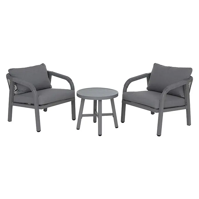 Mendler Aluminium Lounge-Set HWC-P82 Stoff/Textil - hellgrau -  - Graues 3-teiliges Outdoor-Bistro-Set mit Metallrahmen, Seilwickelarmlehnen und einem runden Tisch.