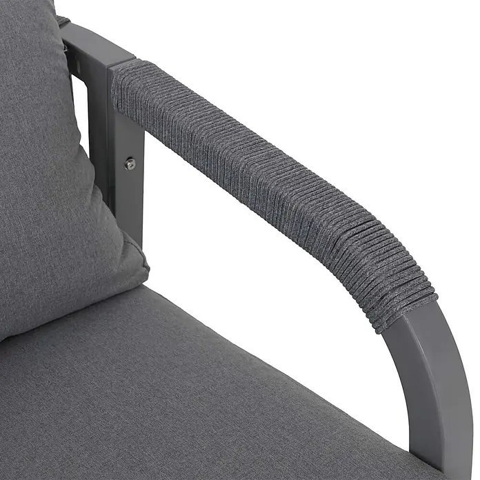 Mendler Aluminium Lounge-Set HWC-P82 Stoff/Textil - hellgrau -  - Graue Stuhlarmlehne mit grauer Seilumwicklung und grauen Stoffpolstern.