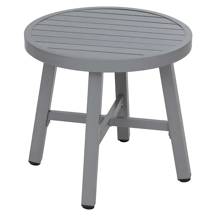 Mendler Aluminium Lounge-Set HWC-P82 Stoff/Textil - hellgrau -  - Grauer runder Outdoor-Beistelltisch mit Lattenplatte und stabilem vierbeinigen Untergestell.