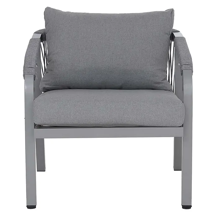 Mendler Aluminium Lounge-Set HWC-P82 Stoff/Textil - hellgrau -  - Grauer Outdoor-Sessel mit Metallgestell und weichen grauen Stoffkissen. Die Armlehnen sind mit dekorativem grauem Seil umwickelt.