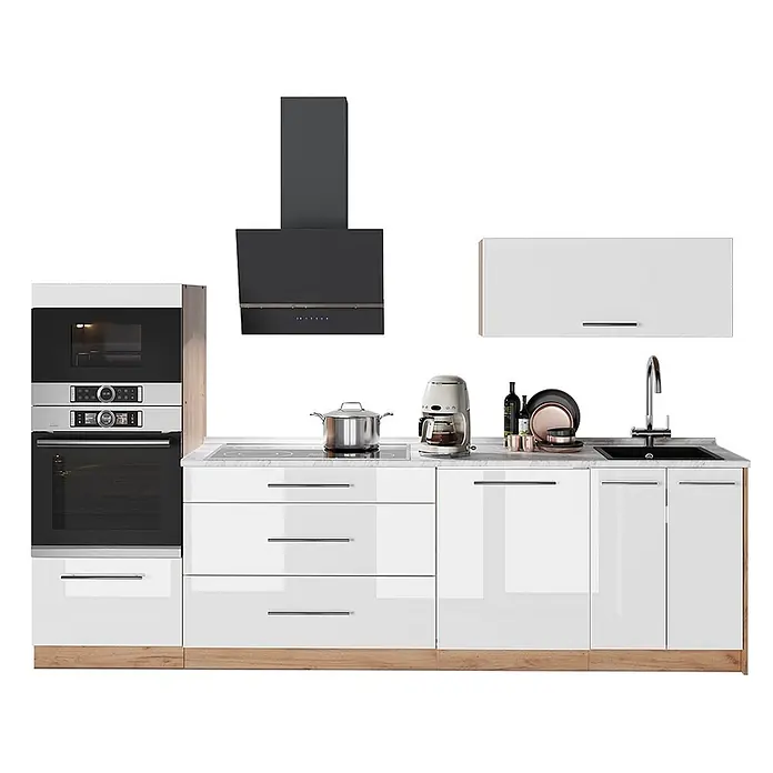 Küchenzeile Fame-Line 280 cm Weiß Hochglanz Art.-Nr. 64701 -  - Elegante weiße Modulküche mit glänzenden Schränken, schwarzen Einbaugeräten, Marmor-Arbeitsplatte und Holzsockel.