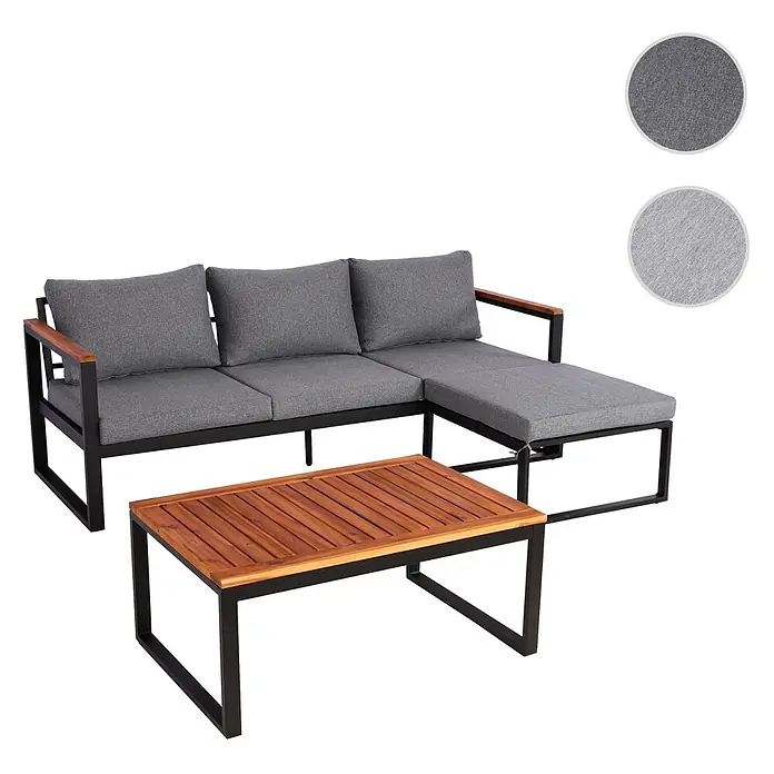 Mendler Garten-Garnitur HWC-L26b Aluminium - dunkelgrau -  - L-förmiges Outdoor-Sofa mit schwarzem Metallrahmen, Holzarmlehnen und grauen Kissen, dazu ein passender Couchtisch mit Holzlattenplatte.