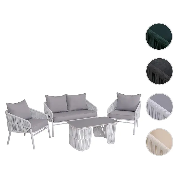 Mendler Loungemöbel-Set HWC-P90 - 4 -tlg., Textil, Hellgrau, Hellgrau - Weiße geflochtene Gartenmöbelgruppe mit zwei Stühlen, einem Sofa und einem Couchtisch, alle mit hellgrauen Kissen und grauer Tischplatte.