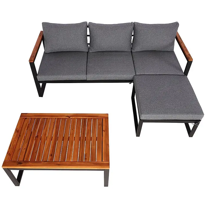 Mendler Garten-Garnitur HWC-L26b Aluminium - dunkelgrau -  - Outdoor-Ecksofa-Set mit grauen Kissen, schwarzem Metallrahmen, Holzarmlehnen und passendem Couchtisch aus Holzlatten.