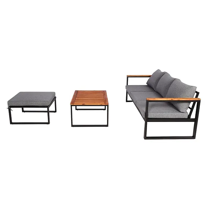 Mendler Garten-Garnitur HWC-L26b Aluminium - dunkelgrau -  - Gartenmöbel-Set mit schwarzem Metallgestell, grauen Kissen und Holzdetails, bestehend aus Sofa, Couchtisch und Ottomane.
