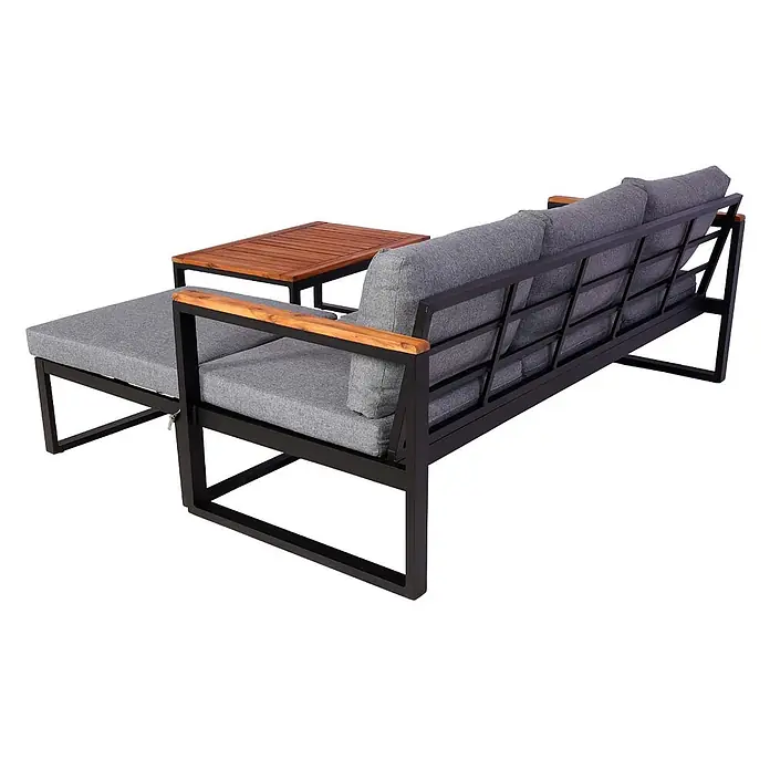 Mendler Garten-Garnitur HWC-L26b Aluminium - dunkelgrau -  - Graues Outdoor-Sofa-Lounge-Set mit schwarzem Metallrahmen, Holzarmlehnen und integriertem Holztisch, mit Chaiselongue-Verlängerung.