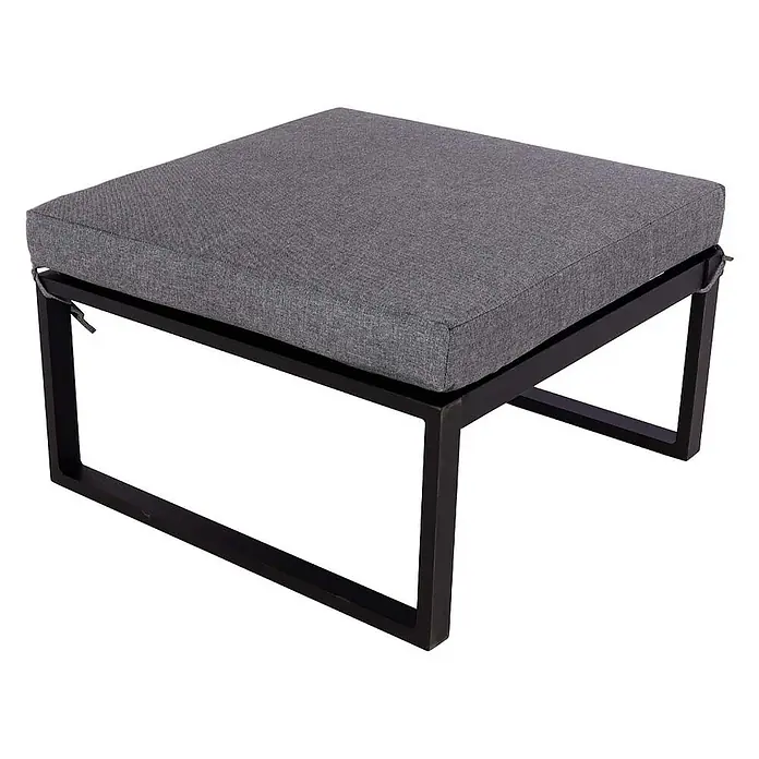 Mendler Garten-Garnitur HWC-L26b Aluminium - dunkelgrau -  - Moderner quadratischer Hocker mit dunkelgrauem Stoffkissen und schwarzem Metallgestell.