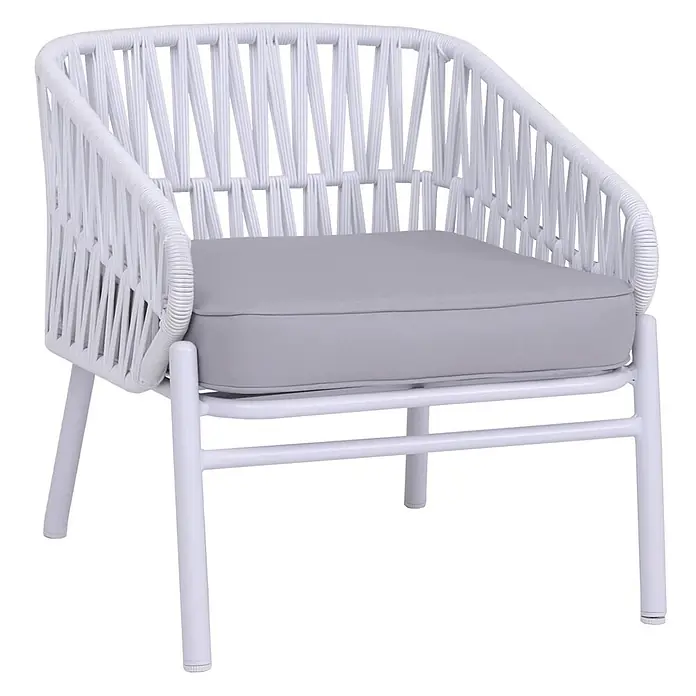 Mendler Loungemöbel-Set HWC-P90 - 4 -tlg., Textil, Hellgrau, Hellgrau - Weißer Outdoor-Sessel mit geflochtener Rückenlehne und Seiten, grauem Kissen und Metallgestell.
