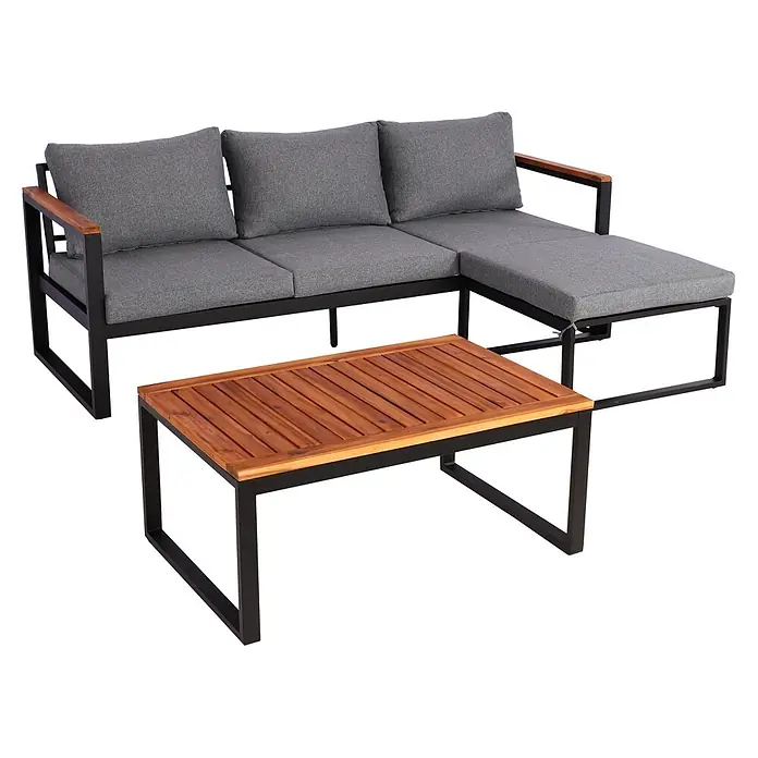 Mendler Garten-Garnitur HWC-L26b Aluminium - dunkelgrau -  - L-förmiges Outdoor-Sofa mit grauen Kissen, schwarzem Metallgestell und Holzarmlehnen, sowie passender Couchtisch aus Holz und Metall.