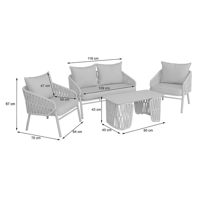 Mendler Loungemöbel-Set HWC-P90 - 4 -tlg., Textil, Hellgrau, Hellgrau - Ein helles Gartenlounge-Set mit geflochtenen Details, bestehend aus zwei Sesseln, einem Zweiersofa und einem Couchtisch, alle mit Kissen.