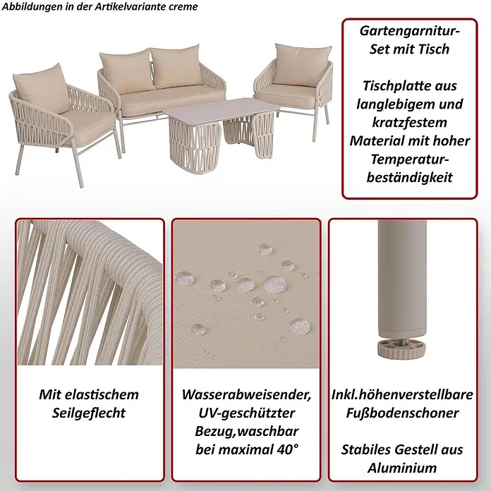 Mendler Loungemöbel-Set HWC-P90 - 4 -tlg., Textil, Hellgrau, Hellgrau - Cremefarbenes Gartenmöbel-Set mit Sofa, zwei Stühlen und Tisch, mit Seilgeflecht und verstellbaren Füßen.