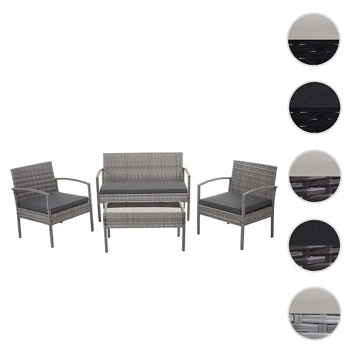 Mendler Loungemöbel-Set HWC-F56 - 4 -tlg., Polyrattan, Grau, Kissen dunkelgrau, Grau, dunkelgrau - Graues Rattan-Gartenmöbelset mit zwei Sesseln, einem Zweisitzer-Sofa und einem Couchtisch, alle mit dunkelgrauen Kissen.