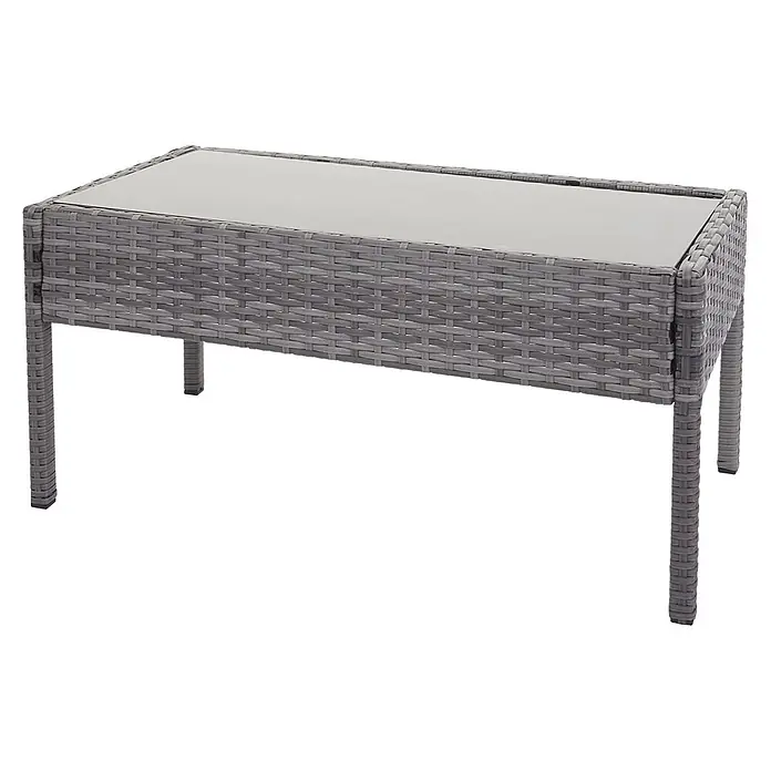Mendler Loungemöbel-Set HWC-F56 - 4 -tlg., Polyrattan, Grau, Kissen dunkelgrau, Grau, dunkelgrau - Rechteckiger grauer Rattan-Look Tisch mit Glasplatte.