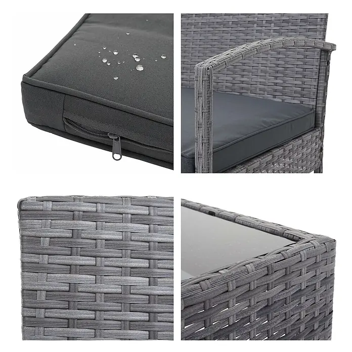Mendler Loungemöbel-Set HWC-F56 - 4 -tlg., Polyrattan, Grau, Kissen dunkelgrau, Grau, dunkelgrau - Graues Rattan-Gartenmöbel-Set: wasserabweisendes Kissen, geflochtene Rattanstruktur und Glasplatte.