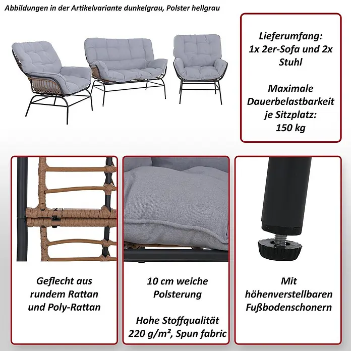 Mendler Loungemöbel-Set HWC-P75 - 3 -tlg., Metall, Hellgrau, Polster beige, Hellgrau, Polster beige - Dunkelgraue Rattan-Loungemöbel mit hellgrauen Polstern, bestehend aus einem 2er-Sofa und zwei Stühlen, mit 10 cm dicken Kissen und verstellbaren Füßen.