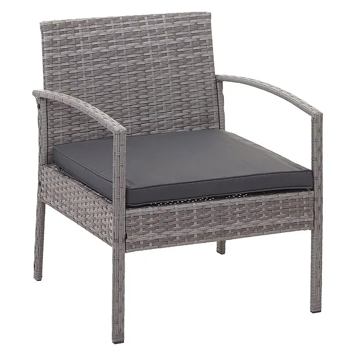 Mendler Loungemöbel-Set HWC-F56 - 4 -tlg., Polyrattan, Grau, Kissen dunkelgrau, Grau, dunkelgrau - Grauer Gartenstuhl aus Polyrattan mit Armlehnen und einem dunkelgrauen Kissen.
