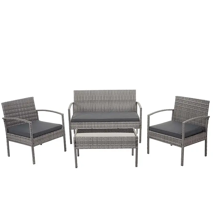 Mendler Loungemöbel-Set HWC-F56 - 4 -tlg., Polyrattan, Grau, Kissen dunkelgrau, Grau, dunkelgrau - Graues Rattan-Outdoor-Set (4-teilig): zwei Sessel, ein Zweisitzer-Sofa und ein Couchtisch mit dunkelgrauen Kissen.
