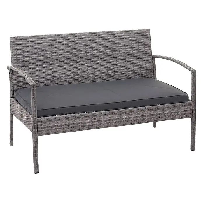 Mendler Loungemöbel-Set HWC-F56 - 4 -tlg., Polyrattan, Grau, Kissen dunkelgrau, Grau, dunkelgrau - Zweisitzige Gartenbank aus grauem Polyrattan mit dunkelgrauen Kissen.