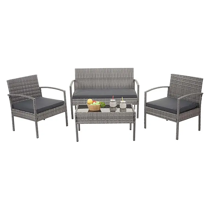 Mendler Loungemöbel-Set HWC-F56 - 4 -tlg., Polyrattan, Grau, Kissen dunkelgrau, Grau, dunkelgrau - Graues Rattan 4-teiliges Terrassenmöbel-Set mit dunkelgrauen Kissen und Glastisch.