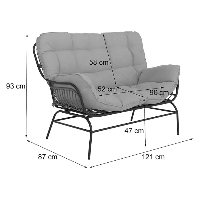 Mendler Loungemöbel-Set HWC-P75 - 3 -tlg., Metall, Hellgrau, Polster beige, Hellgrau, Polster beige - Graues Zweisitzer-Gartensofa mit schwarzem Metallrahmen.