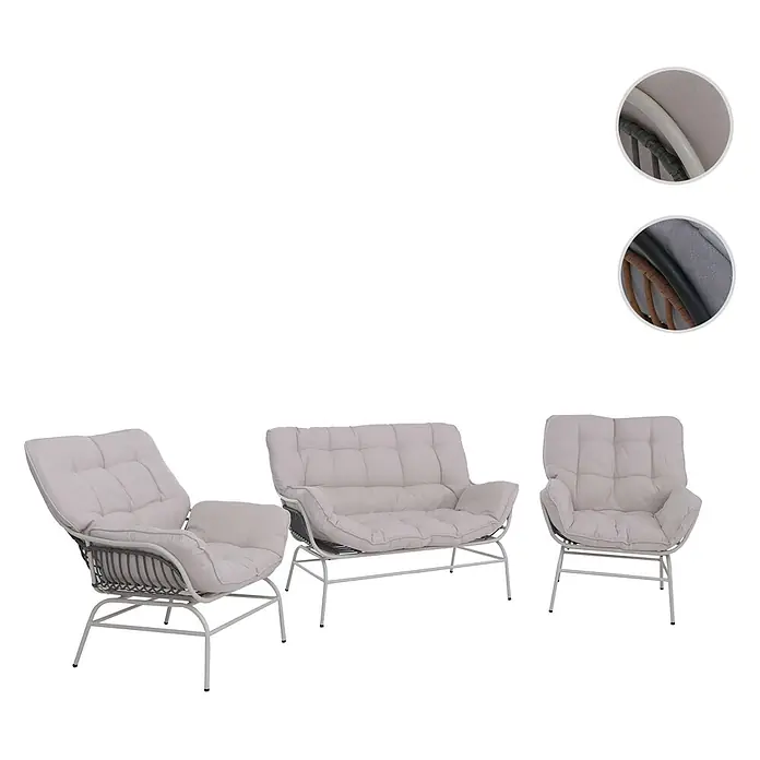 Mendler Loungemöbel-Set HWC-P75 - 3 -tlg., Metall, Hellgrau, Polster beige, Hellgrau, Polster beige - Helles graues Outdoor-Sofa und zwei Sessel mit geflochtenem Rattan und Metallrahmen.