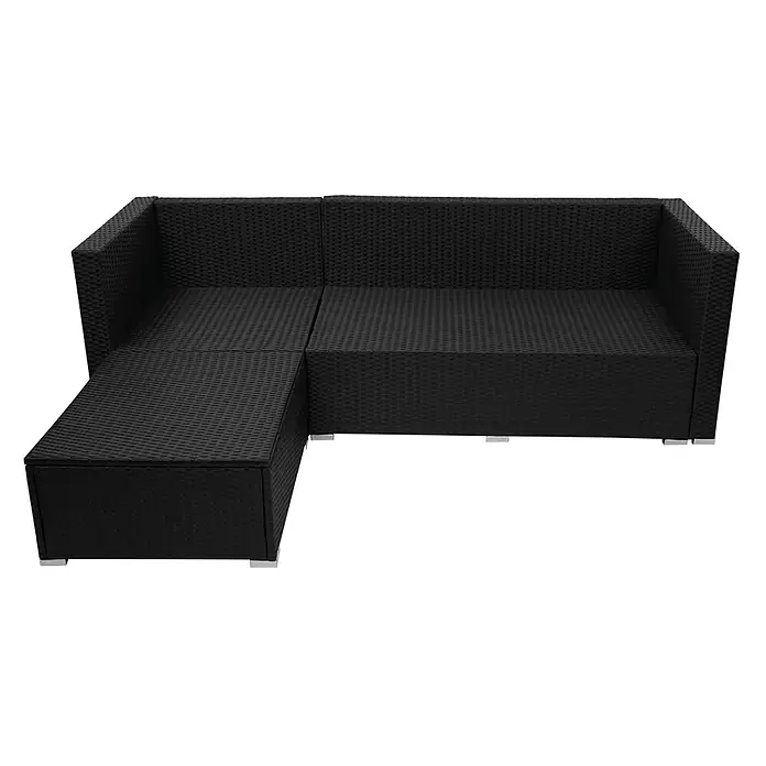 Mendler Loungemöbel-Set HWC-F57 - 3 -tlg., Polyrattan, Schwarz, Kissen creme ohne Deko-Kissen, Schwarz, creme - Schwarzes L-förmiges Outdoor-Ecksofa aus Polyrattan-Geflecht mit modernen silberfarbenen Füßen.