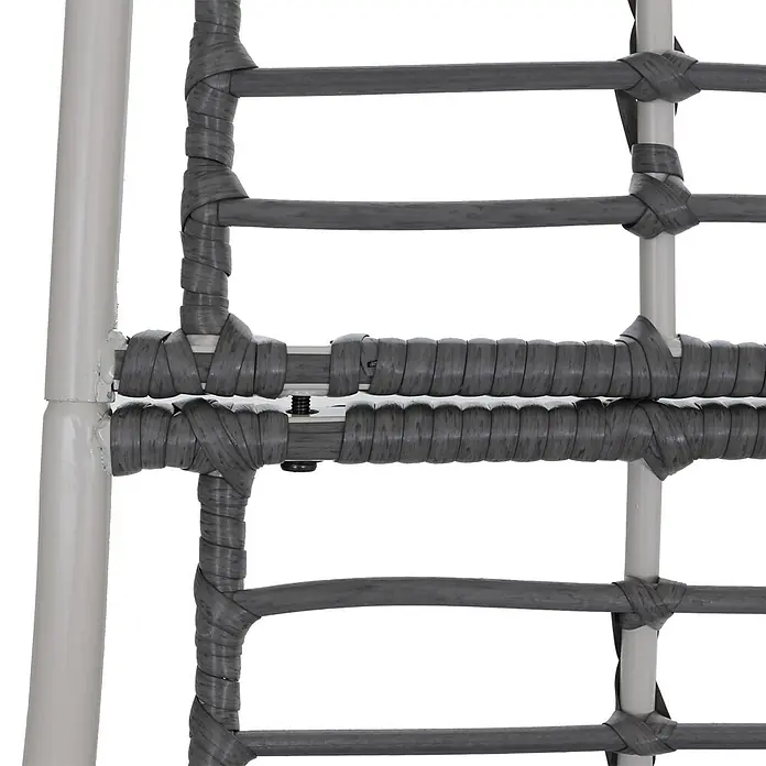Mendler Loungemöbel-Set HWC-P75 - 3 -tlg., Metall, Hellgrau, Polster beige, Hellgrau, Polster beige - Graues synthetisches Rattan, kunstvoll um hellen Metallrahmen geflochten, zeigt detaillierte Konstruktion.