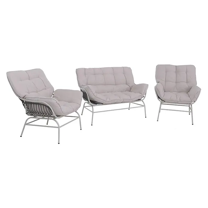 Mendler Loungemöbel-Set HWC-P75 - 3 -tlg., Metall, Hellgrau, Polster beige, Hellgrau, Polster beige - Helles graues Polster-Gartenlounge-Set mit Metallrahmen und geflochtenen Akzenten, bestehend aus Zweisitzer-Sofa und zwei Sesseln.