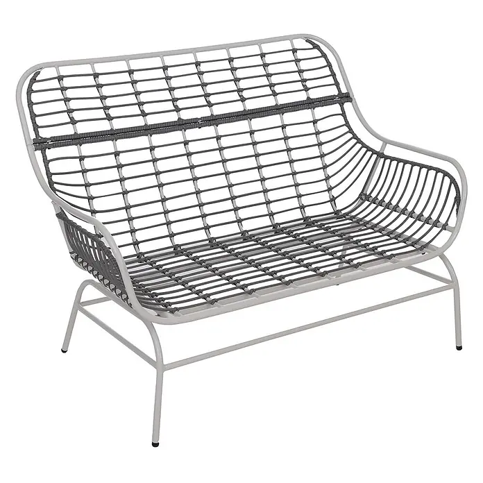 Mendler Loungemöbel-Set HWC-P75 - 3 -tlg., Metall, Hellgrau, Polster beige, Hellgrau, Polster beige - Zweisitzer-Gartenbank aus hellem Metall und dunkelgrauem Geflecht.
