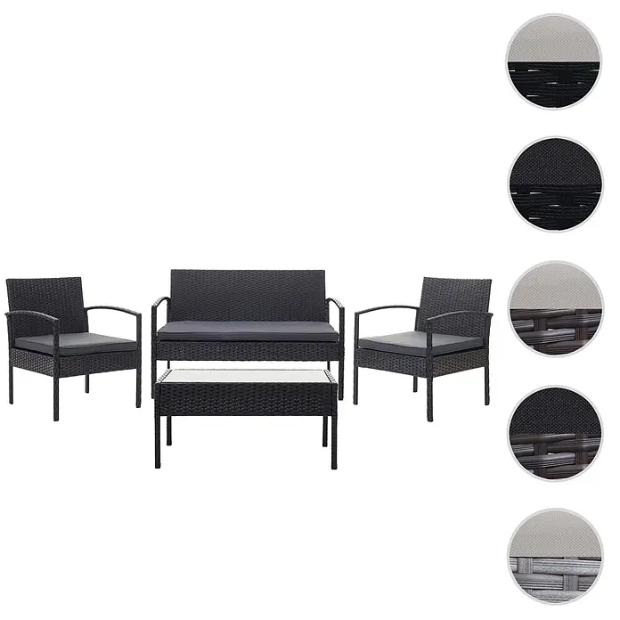 Mendler Loungemöbel-Set HWC-F56 - 4 -tlg., Polyrattan, Schwarz, Kissen dunkelgrau, Schwarz, dunkelgrau - 4-teiliges schwarzes Rattan-Gartenmöbelset mit grauen Kissen, bestehend aus zwei Sesseln, einem Zweisitzer und einem Couchtisch mit Glasplatte.
