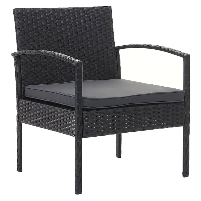 Mendler Loungemöbel-Set HWC-F56 - 4 -tlg., Polyrattan, Schwarz, Kissen dunkelgrau, Schwarz, dunkelgrau - Dunkelgrauer Rattan-Gartenstuhl mit Armlehnen und einem bequemen grauen Kissen.