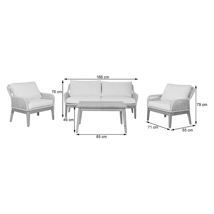 Mendler Loungemöbel-Set HWC-H56 - 4 -tlg., Holz, Dunkelgrau, Dunkelgrau - Gartenlounge-Set: 2-Sitzer-Sofa, zwei Sessel, Couchtisch. Helles Holz, weiße Flechtung und weiße Kissen.