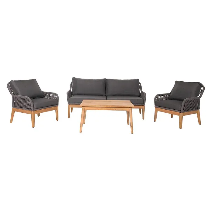 Mendler Loungemöbel-Set HWC-H56 - 4 -tlg., Holz, Dunkelgrau, Dunkelgrau - Outdoor-Sitzgruppe: zwei dunkelgraue geflochtene Sessel, Zweiersofa und Holztisch.