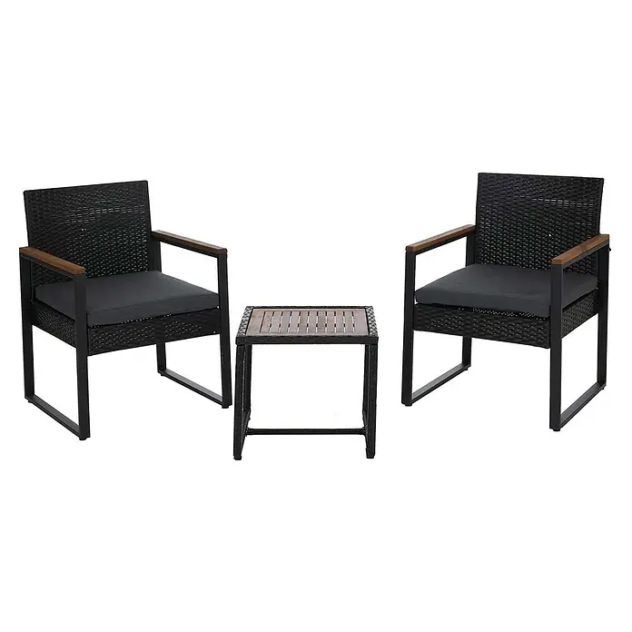 Mendler Loungemöbel-Set HWC-P74 - 3 -tlg., Polyrattan, Schwarz, Polster grau, Schwarz, grau - Dreiteiliges Terrassen-Bistro-Set mit zwei schwarzen Korbstühlen mit grauen Kissen und Holzarmlehnen und einem passenden schwarzen Korbtisch mit Holzplatte.