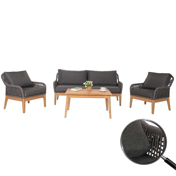Mendler Loungemöbel-Set HWC-H56 - 4 -tlg., Holz, Dunkelgrau, Dunkelgrau - Outdoor-Loungeset mit dunkelgrauen Kissen, geflochtenen Seildetails und hellen Holzrahmen, bestehend aus Sofa, zwei Sesseln und Couchtisch.