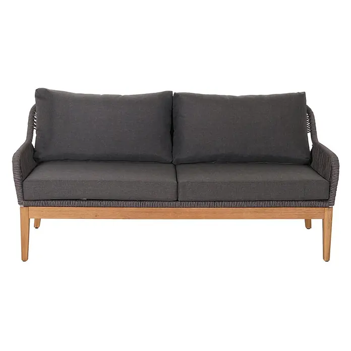 Mendler Loungemöbel-Set HWC-H56 - 4 -tlg., Holz, Dunkelgrau, Dunkelgrau - Dunkelgraues Zweisitzer-Outdoor-Sofa mit geflochtenem Seilrahmen und Holzgestell.