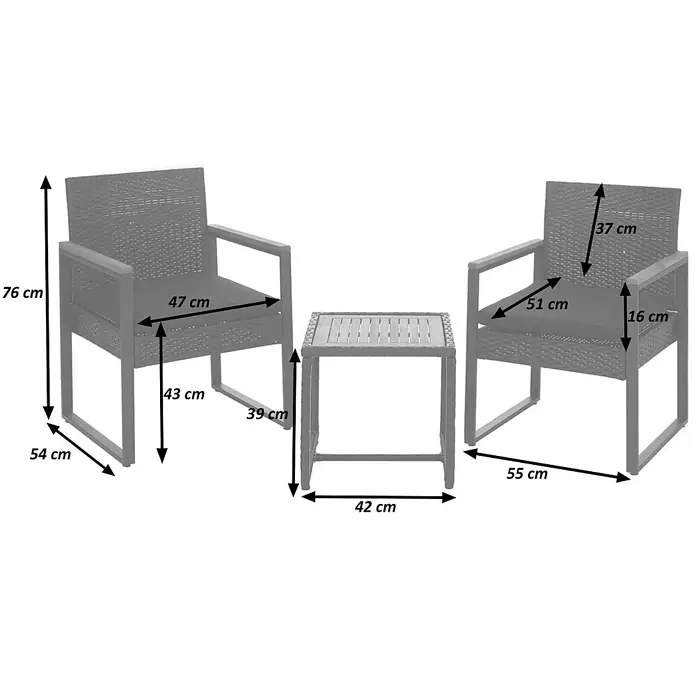 Mendler Loungemöbel-Set HWC-P74 - 3 -tlg., Polyrattan, Schwarz, Polster schwarz, Schwarz - Gartenmöbel-Set aus grauem Rattan, bestehend aus zwei Stühlen und einem quadratischen Tisch.