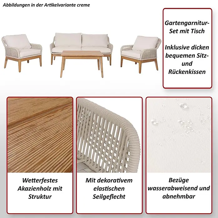 Mendler Loungemöbel-Set HWC-H56 - 4 -tlg., Holz, Dunkelgrau, Dunkelgrau - Creme-Gartengarnitur-Set mit Akazienholz, Seilgeflecht-Details und dicken wasserabweisenden Kissen, inklusive Tisch.
