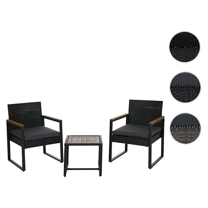 Mendler Loungemöbel-Set HWC-P74 - 3 -tlg., Polyrattan, Schwarz, Polster grau, Schwarz, grau - Schwarzes Rattan-Gartenmöbelset mit zwei Stühlen, grauen Kissen und einem quadratischen Tisch mit Holzplatte.