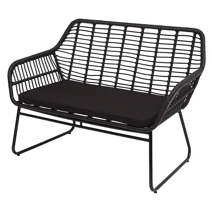 Mendler Loungemöbel-Set HWC-G17 - 4 -tlg., Polyrattan, Anthrazit, Polster anthrazit ohne Dekokissen, Anthrazit, Polster anthrazit - Schwarze Outdoor-Bank aus Polyrattan mit schwarzem Kissen auf Metallgestell.
